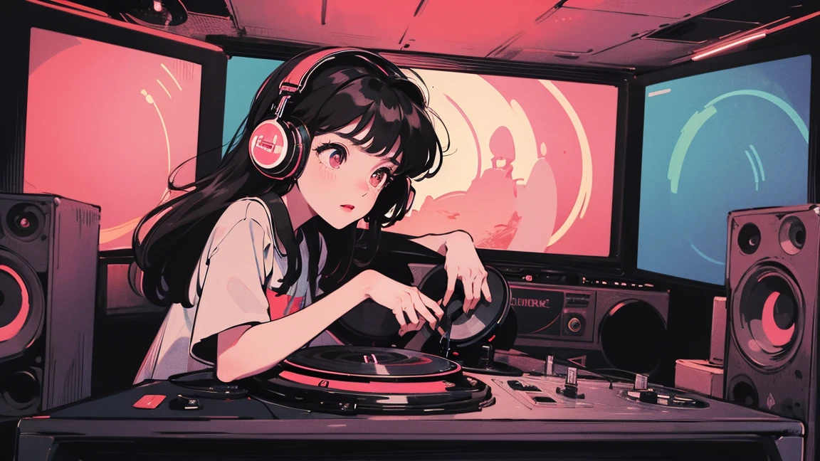 Battle DJ girl in HIPHOP fashion wearing DJ headphones,Front view , DJ Scratch, Two large LED-illuminated speakers on each side, Immerse yourself in a neon-lit environment, In front of her is a music mixer and a turntable.、A record is placed on the turntable,ターンテーブルはTechnics SL-1200MK7,