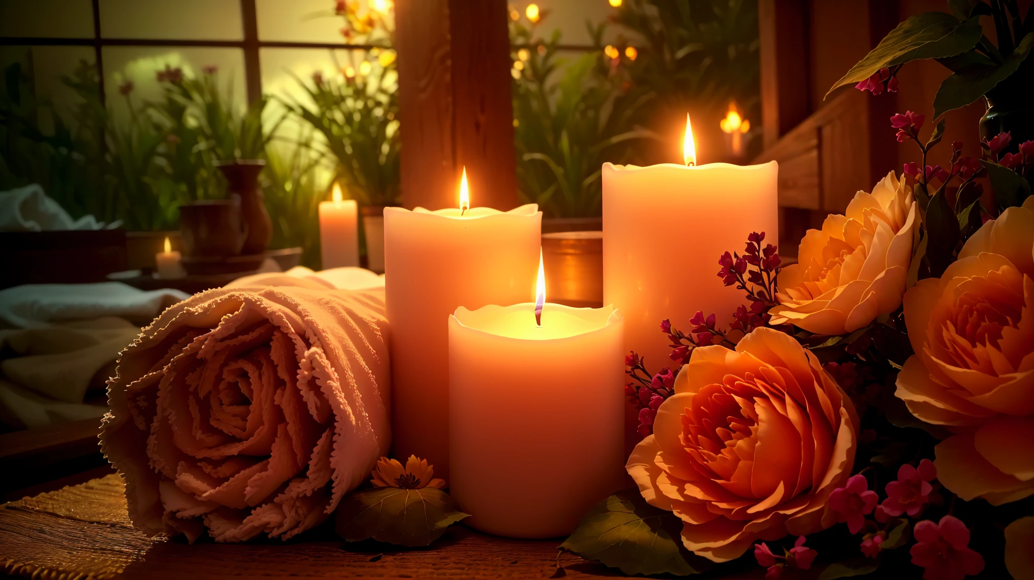 Candles and towels are sitting on a table with flowers, lit with Candles, Beautiful atmosphere, Peaceful atmosphere, Relaxed atmosphere, lit Candles, Beautiful atmosphere, glowing Candles, Night atmosphere, Romantic atmosphere, Candlelight, room full of Candles, 心地よいCandlesライト, Candles, Romantic atmosphere, Warm and beautiful scenery, relaxed mood, Candlesライト, Warm light from the lamp