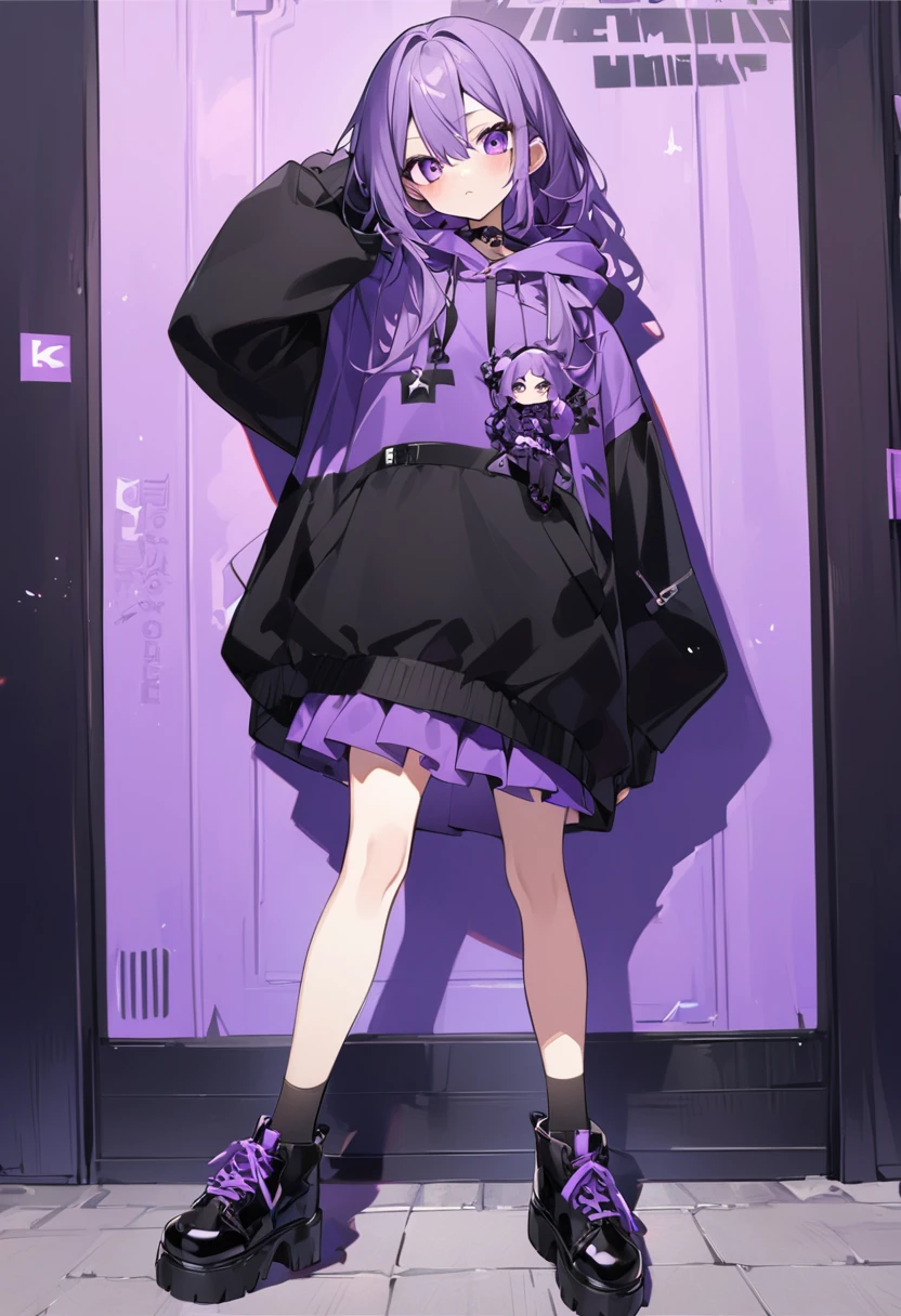 Keito。Purple Eyes。Purple Hair。Purple Skirt。Black shoes下。Black shoes。Purple hoodie