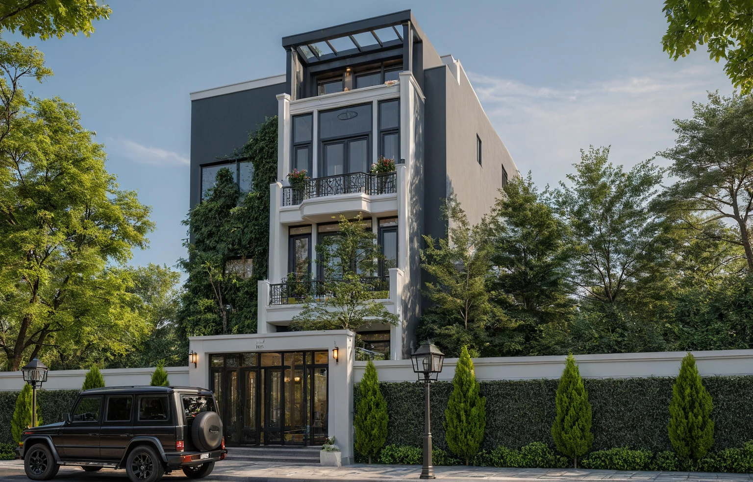 there is a black truck parked in front of a building, render in vray, 3 d vray render, lumion render, highly rendered!!, rendered in lumion pro, render vray, 3 ds max + vray, highly detailed render, vray render, pre-rendered, residential, 3 d rendering, 3d rendering, a photorealistic rendering