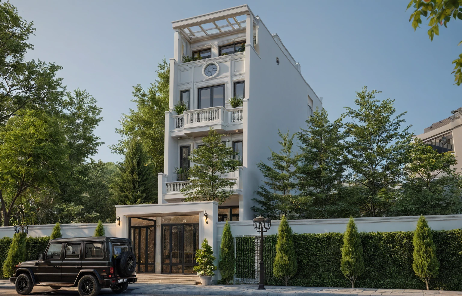 there is a black truck parked in front of a building, render in vray, 3 d vray render, lumion render, highly rendered!!, rendered in lumion pro, render vray, 3 ds max + vray, highly detailed render, vray render, pre-rendered, residential, 3 d rendering, 3d rendering, a photorealistic rendering