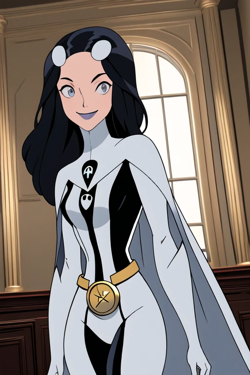 8k,highres,absurdres,masterpiece,best quality,original,extremely detailed CG,extremely detailed wallpaper,perfect, Phantom girl, Tinya Wazzo, solo, girl1, long black hair, bodysuit. grey eyes, smile, grey lips, belt, white cape, white gloves, best quality, masterpiece, cowboy shot, room