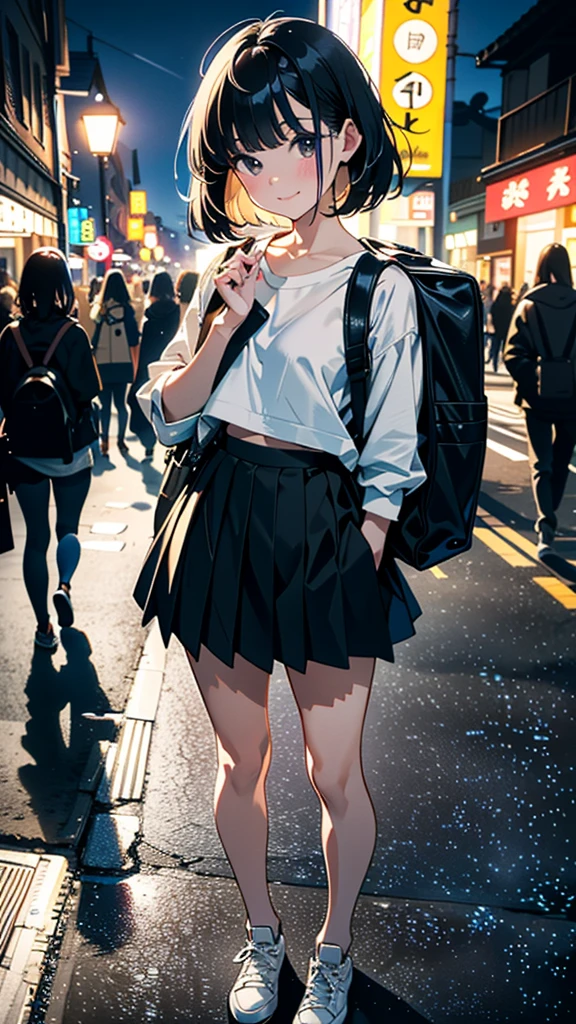(8K, RAW Photos, 最high quality, masterpiece:1.2), high qualityのRAWカラー写真, Professional photo shoot, Cinematic Light, alone, (((young woman, Gal))), (Sharp features), (Small face), (Skin with attention to detail:1.2), clavicle, Cute face, Beautiful appearance, Long eyelashes,Girl Turning Around, smile, (Black Hair, Bobcut、), open white shirt、Belly button, Very short grey pleated mini skirt, Black sneakers, Backpack, Night Park, Confident attitude, Capture the happy moment, Artistic painting,Attractive thighs, (Very nice touch:1.2),はにかんだsmile), Peaceful atmosphere, Oil painting style, Bright colors, (Are standing:1.5, Townscape at night, Full body portrait), Smooth texture, Gazing Eyes, Beautiful Skin, Shiny skin, ((Perfect Fingers, Five Fingers, Anatomically correct)), Background Blur, high quality, Surreal, ((Very detailed, photo shoot)),Many people々、blush、plump、White skin、A bag with lots of stuffed toys、((Selfie))、Beautiful eyes、Close up on face