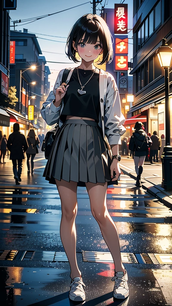 (8K, RAW Photos, 最high quality, masterpiece:1.2), high qualityのRAWカラー写真, Professional photo shoot, Cinematic Light, alone, (((young woman, Gal))), (Sharp features), (Small face), (Skin with attention to detail:1.2), clavicle, Cute face, Beautiful appearance, Long eyelashes,Girl Turning Around, smile, (Black Hair, Bobcut、), open white shirt、Belly button, Very short grey pleated mini skirt, Black sneakers, Backpack, Night Park, Confident attitude, Capture the happy moment, Artistic painting,Attractive thighs, (Very nice touch:1.2),はにかんだsmile), Peaceful atmosphere, Oil painting style, Bright colors, (Are standing:1.5, Townscape at night, Full body portrait), Smooth texture, Gazing Eyes, Beautiful Skin, Shiny skin, ((Perfect Fingers, Five Fingers, Anatomically correct)), Background Blur, high quality, Surreal, ((Very detailed, photo shoot)),Many people々、blush、plump、White skin、A bag with lots of stuffed toys、((Selfie))、Beautiful eyes、Close up on face