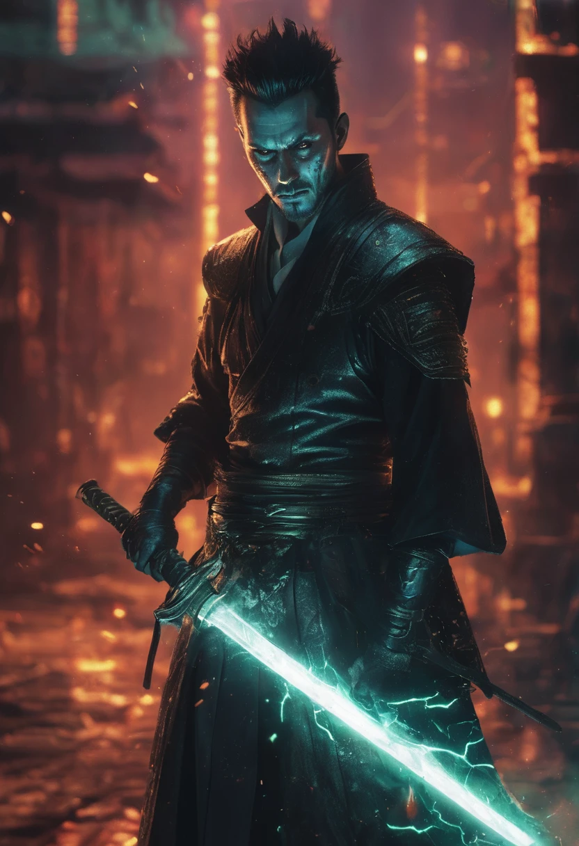 1 man, magic user, dark tone skin, short black hair, fade haircut with faux hawk black rimmed glasses, necromancer, samurai, well dressed, very handsome, arrogant, smirking at viewer, interesting background, magic flowing around a samurai sword, blueish green magic circle, skulls, evil villian