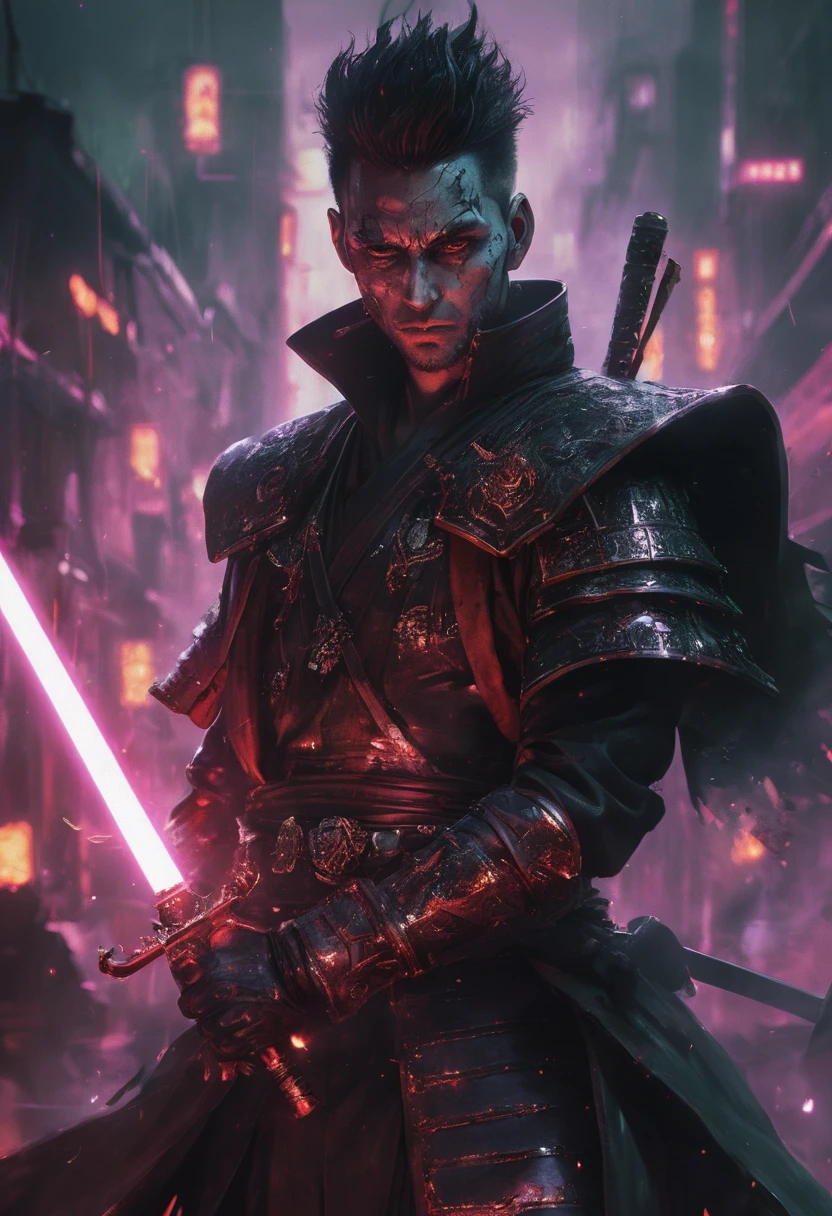 1 man, magic user, dark tone skin, short black hair, fade haircut with faux hawk black rimmed glasses, necromancer, samurai, well dressed, very handsome, arrogant, smirking at viewer, interesting background, magic flowing around a samurai sword, blueish green magic circle, skulls, evil villian