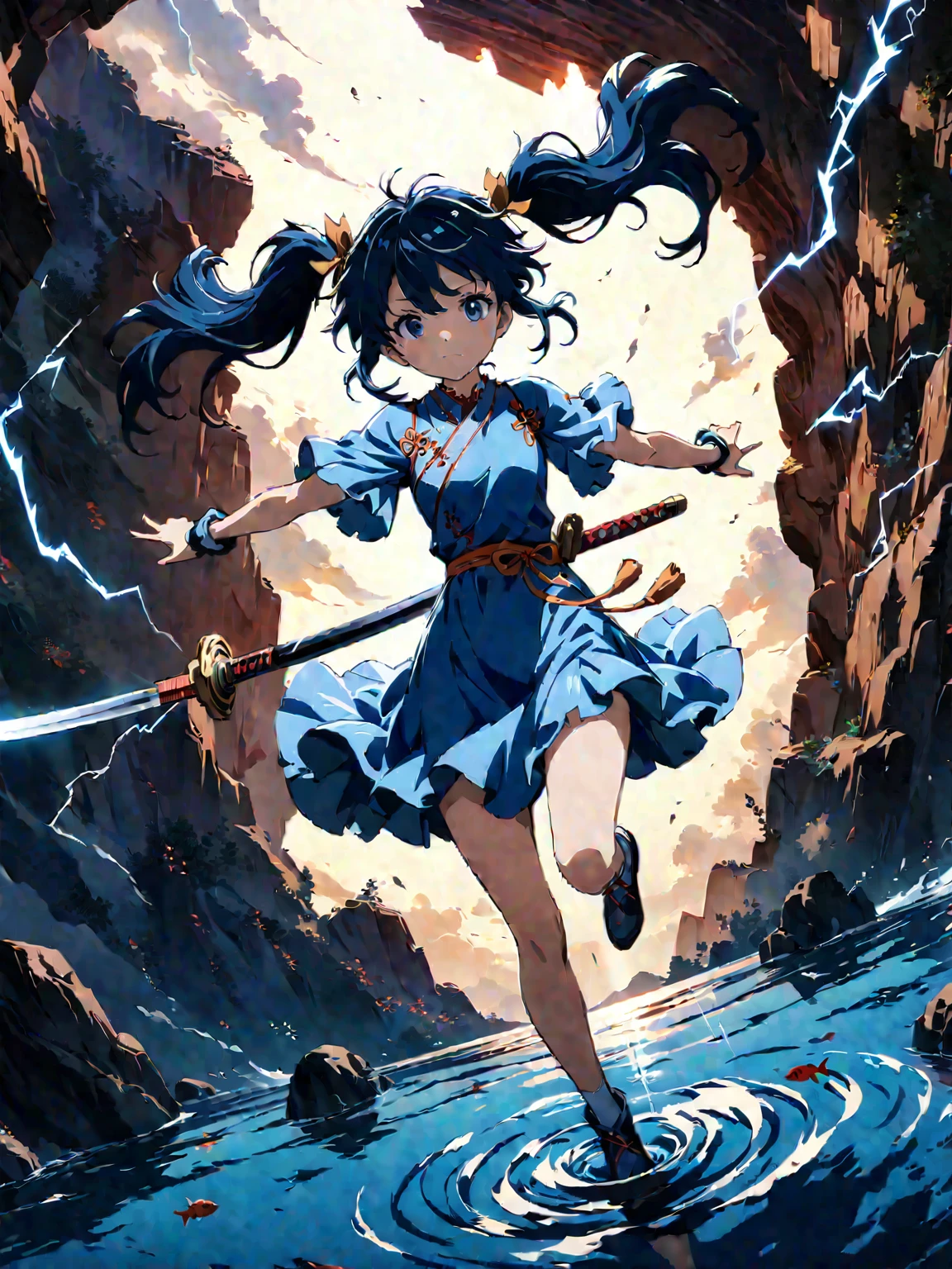 (girl with twin tails:1.3), (2020s Anime screenshot:1.3), (SAMURAI Girl anime character:1.3), (close-up eye shot:1.2), (low angle view:1.2), (lightning slash:1.3), (Chinese sword:1.3), (slashing lightning with motion blur:1.2), (swirling motion around the sword:1.2), (action scene:1.2), (floating:1.2), (fish eye lens:1.2), (Jump | Running | Inversion | Spin:1.2), (anime girl in blue dress flying with sword in the sky:1.3), (Makoto Shinkai Cyril Rolando:1.2), (wallpaper anime blue water:1.2), (4k anime wallpaper:1.3), (sword and wand - water:1.2), (anime style 4k:1.3), (anime wallpaper 4k:1.3), (anime wallpaper 4k:1.3), (anime girl walking on water:1.2), (anime epic artwork:1.2), (anime art wallpaper 4k:1.2), (anime art wallpaper 4k:1.2), (masterpiece:1.3), (best quality:1.3), (extremely detailed CG Unity 8k wallpaper:1.3), (best quality:1.3), (best illustration award:1.2), (best shadow:1.2), (absurd:1.2), (realistic lighting:1.3), (abyss:1.2), (beautiful detailed glow:1.2), (Peter MohrBacher art work:1.1)
