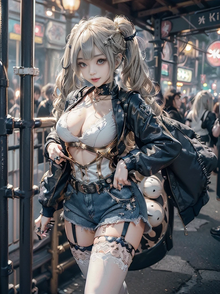 (Full Body View:1.4)、(Full body:1.3)、(Smiling with teeth showing:1.3),(Shibuya Gal:1.5)、(Hostess:1.4)、(gothic fashion:1.5)、(Punk RockVisual Kei:1.3)、(Futuristic baby doll in black, white and denim:1.5)、(A delicate beige and navy jacket:1.5)、(Denim garter belt:1.5)、(Denim and black and white bodysuit:1.4)、(Heart-shaped silver accessories:1.5)、(Brown Skin Belt:1.4)、(Blue High Heels:1.4)、(Lace patterned underwear:1.4)、20-year-old、NSFW,((Highest quality、In 8K、masterpiece:1.3))、Sharp focus:1.2、(Layered Cut、Beautiful boobs:1.1),Beautiful woman with perfect figure:1.4、(Doing an aerobics pose:1.3)、Slender Abs:1.2、Butt、Highly detailed face and skin texture、Detailed eyes、double eyelid,(Twin tails:1.3)、(Light gold colored hair:1.3)、Obscene、Gravure idol、(Luxurious amusement park at night:1.3)、(Make your legs thinner:1.4)、(Thin thighs:1.4)、(Slim body:1.3)、(clavicle:1.1)