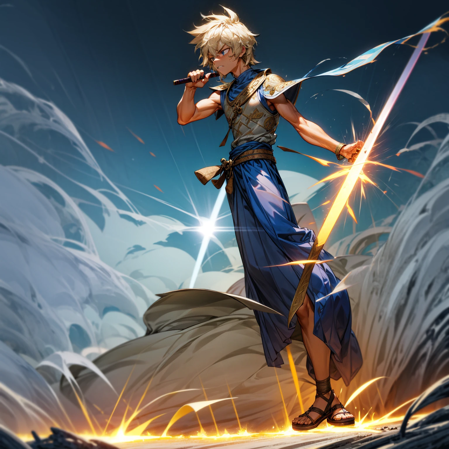 1boy, Full body version, 1character, blue eyes, Tan skin, long Shaggy hairstyle, blonde colour hair, angry expression, ancient Greek clothing, blue colour clothing, ancient Greek sandals, wood sword in hand, small shield wood in hand, wood armor vest, Grassroots background in beach, motion blur, plasma, Fire sword, lighting sword, smoke, Silhouette of sunlight, fire, damage, bloody, blood on face 