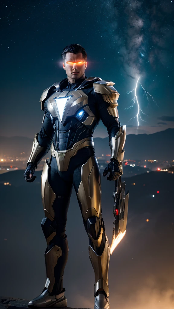 Masterpiece, best quality, NVIDIA RTX, sharp picture, cinematic lightning, hi-tech futuristic superman, perfect face, proportional body, luminous mecha-armor:1.3, glowing mecha armor:1.3, cape blown by strong winds:1.3, on top of a bulding, full body, epic lights reflection, night, smokes, from above