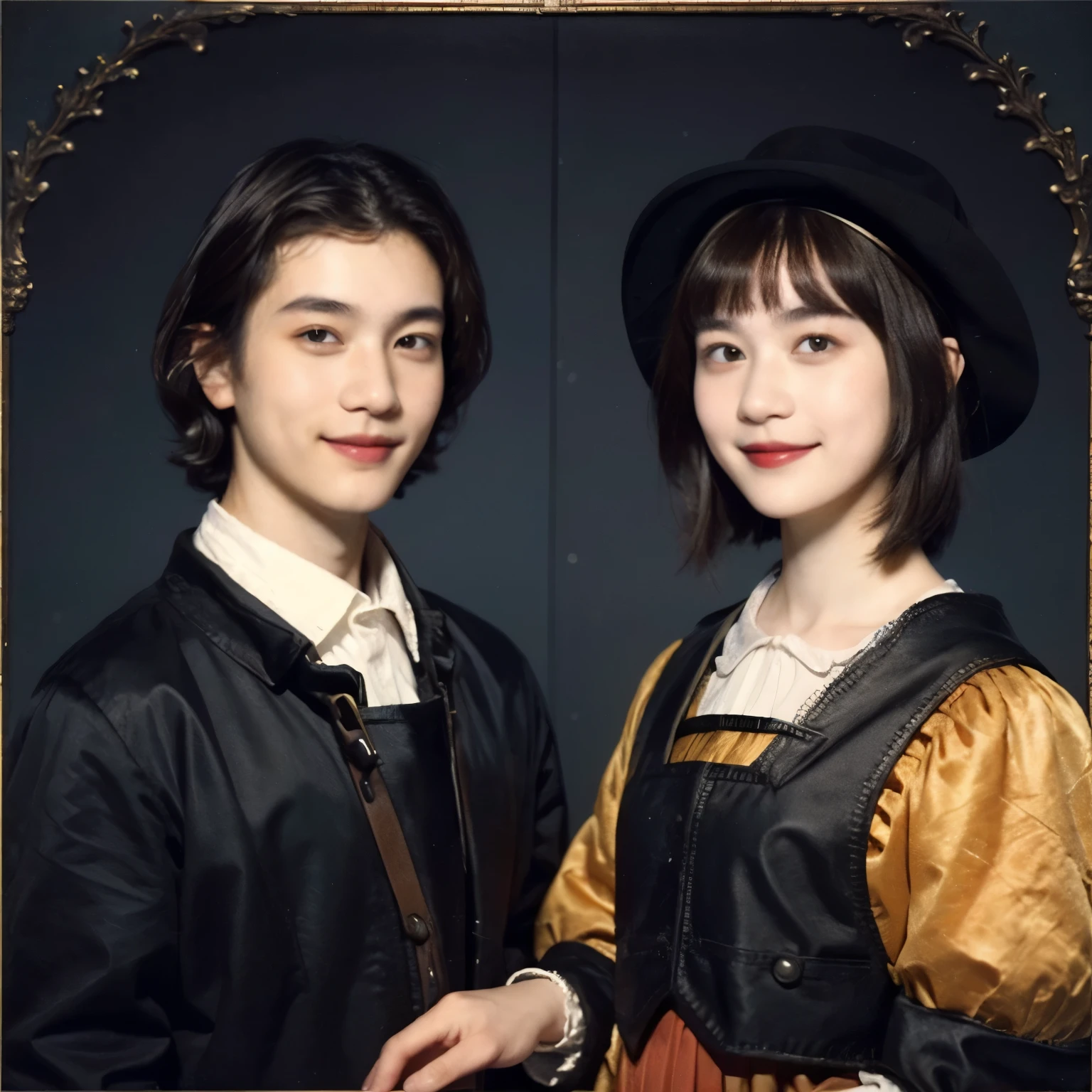 252 (An 18-year-old female and an 18-year-old male), (short hair),kind, lipstick, (Rembrandt-style painting), smile