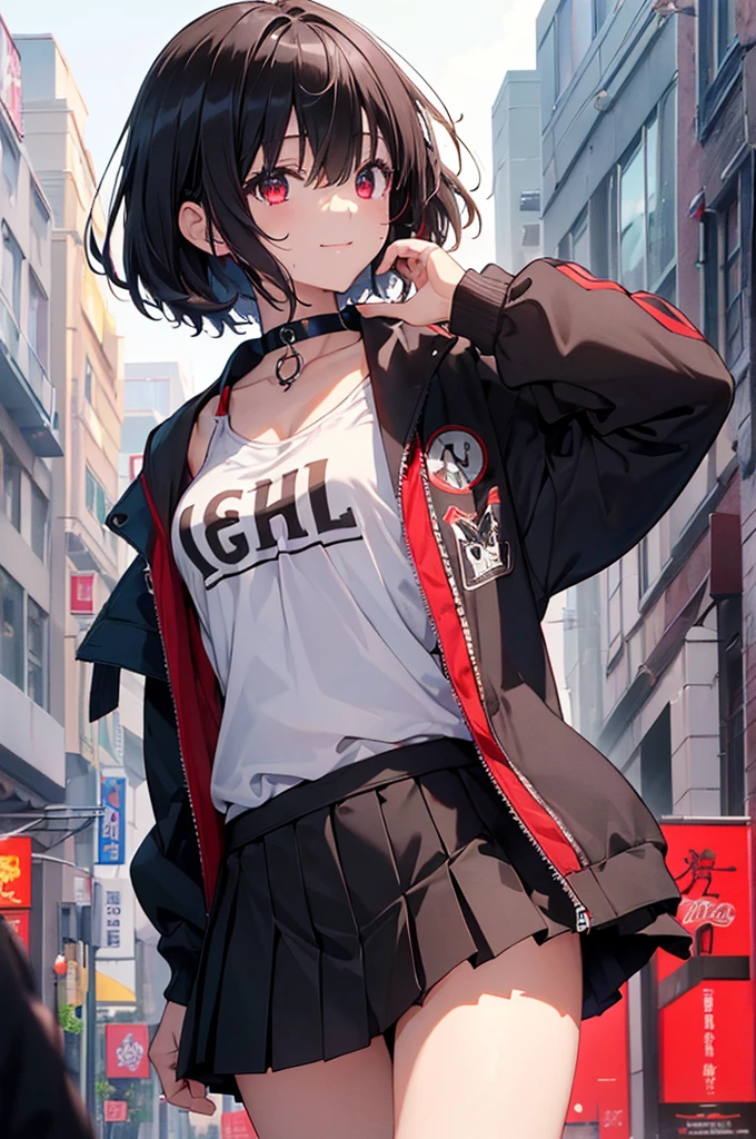 (masterpiece, highest quality, highest quality, (No text), Beautiful and aesthetic:1.2),No text,アニメ、BREAK,One Girl,Black Hair Girl short hair older sister choker Tree Eyes Beautiful eyes Red eyes cool smile Red and Black Black jacket mini skirt whole body In town