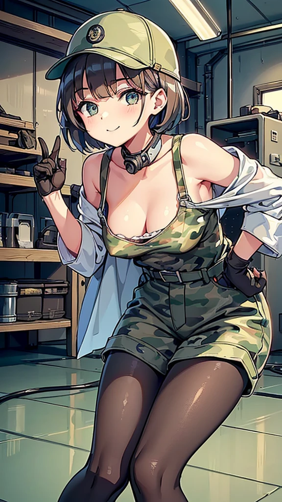 highest quality, Insanely Real, Very delicate and beautiful, Ultra-high resolution, (A very cute female aircraft mechanic, alone), wide々Inside the aircraft hangar, A World War II-era monoplane fighter can be seen in the background...., Aircraft parts scattered on the floor, Maintenance Tools, She is in charge of aircraft maintenance...., (Wearing a long-sleeved mechanic coverall with a military camouflage pattern, baggy:1.2), (Wear heavy duty mechanic gloves), (Wear a headset), Her hair will be tied up later, Very professional mechanics, Mysterious Smile, ((Very beautiful eyes and face)), (Amazingly beautiful, Natural skin texture), Accurate Eyes, Accurate needle, Overall well-balanced body, ((, Very short hair:1.3, Cute type, slim, The body is slim:1.3, baseball cap), (Leaning forward, down blouse:1.5),bare nipple,Definition nipples