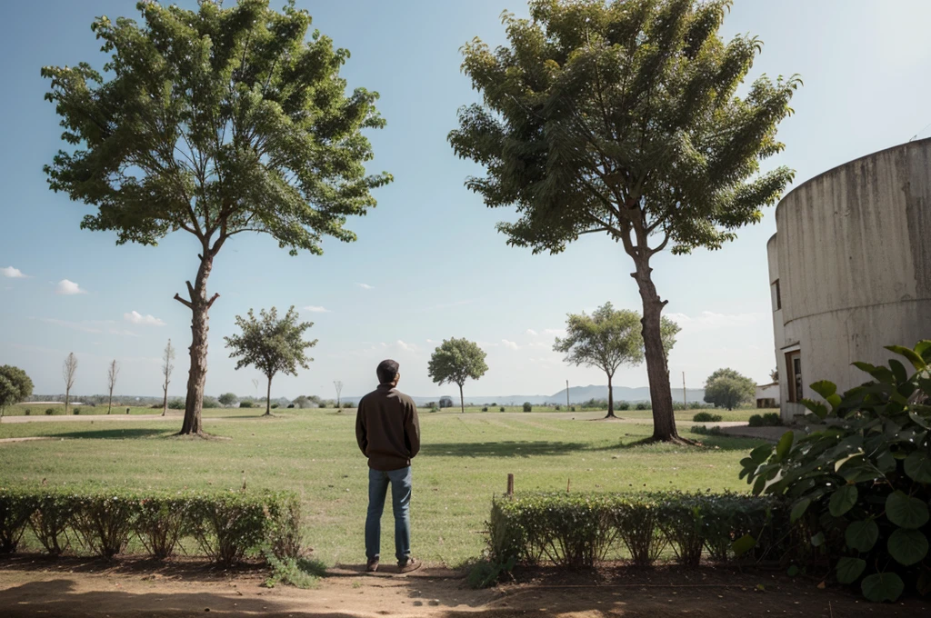 4 trees with each next one is bigger than the previous one, man observing those the bigger one