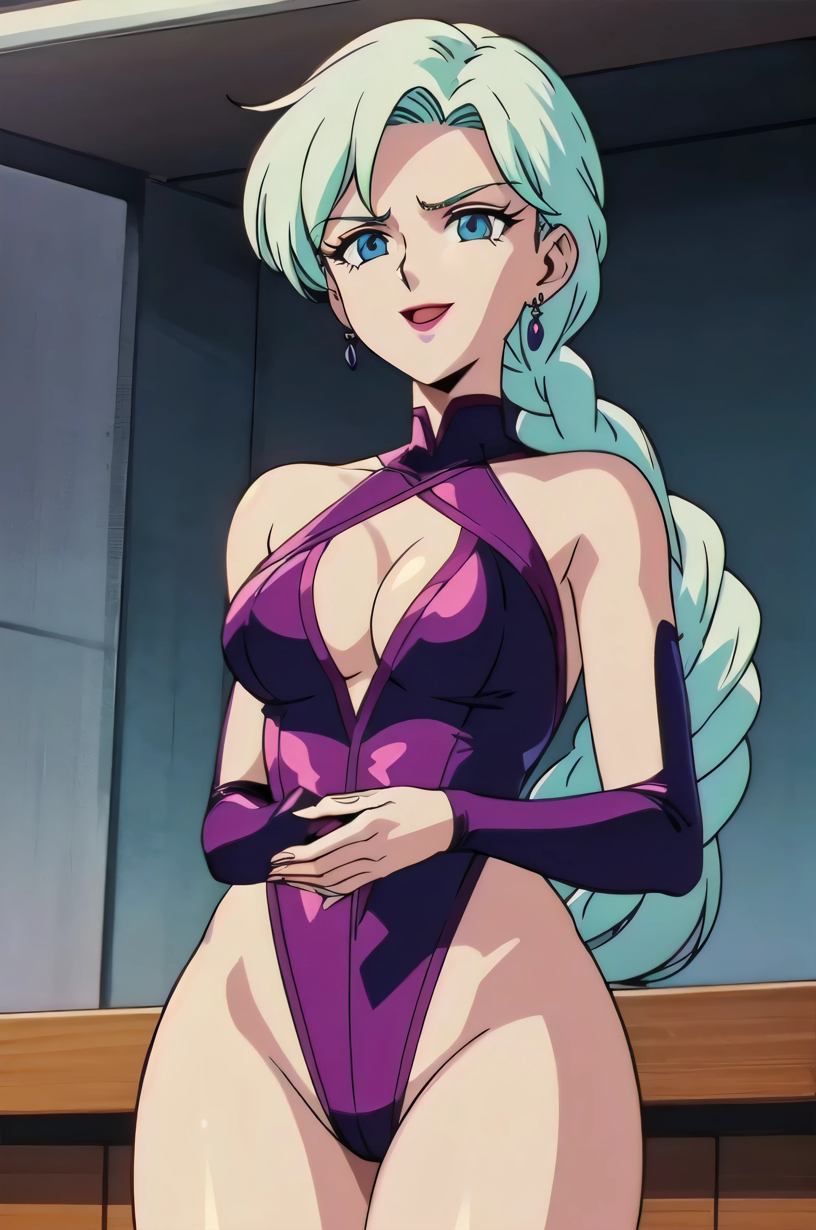 1girl, solo, facing viewer, looking down at viewer,,evil smile, BERTIE,,Highly detailed CG Unity 8K wallpaper, perfect lighting,official art,,(beautiful_face:1.5),(narrow_waist),,Highly detailed CG Unity 8K wallpaper, perfect lighting, anime screencap, retro artstyle, anime coloring, traditional media,evil huge laugh,lipstick,sadistic smile,deep shaded face,single braid,smile worst,worst ridecule,evil moukery,,one braid,lightblue leotard,two hands,five fingers,