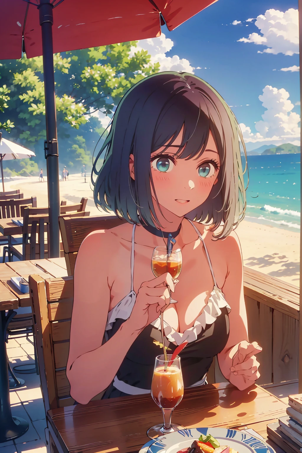 (Highest quality:1.4、masterpiece:1.4、Super detailed:1.4、8K:1.4)、F cup bust、Big Breasts、Slim body、((((1 person、Surprised expression、sit、Outdoor café terrace、coastal、juice、table、Sandy Beach、Holding a glass、Big eyes、Shallow depth of field、Very cute face))))、sunset、Sunset、bikini