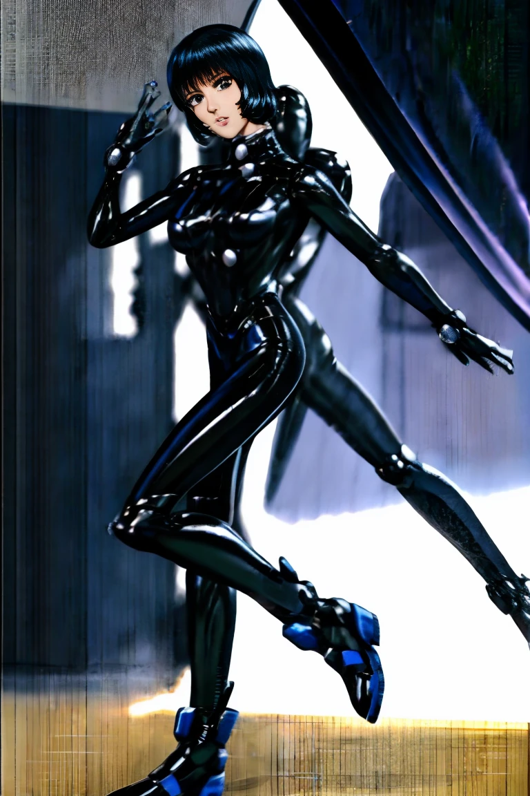  1girl,fayuiry,black hair, black eyes, perfect face, nice eyes and face, short hair, gantz bodysyuit, latex, black bodysuite, bodysuit, science fiction, full body,