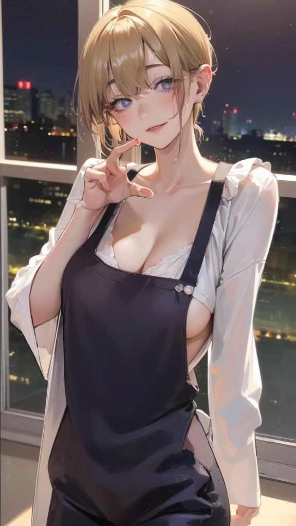 (tmasterpiece),(best qualtiy),8K,high detal,pov_doorway,1girl,blush,looking_at_viewer,cleavage,white hair,naked_apron,huge titasterpiece, highest quality, highest quality, Official Art, beautifully、beautiful:1.2, Cinema Lighting、Key light at 45 degrees from the front, Subsidy Light、Soft Backlight), Realistic depiction、photograph、Realistic depiction、Ultra-realistic、Raw Quality、
beautiful顔、Perfect round ass、the body is slim、(Accurate and detailed human body:1.5), Fit and body、Pale skin、Shiny, Bright Eyes、length eyelashes、
1 girl、alone、
accurate to the human body、Correct five-finger、The perfect human body、Knowledgeable person、Highly detailed face and skin texture、Natural neck length、(beautiful Hands)、beautiful, length, Thin legs、straighten both legs、Stretch your arms、
The perfect human body、Accurate human body、A perfect and accurate left hand、A perfect and accurate right hand、Perfect and precise fingers、
,Earrings,Big cleavage、
slim, (kind, Goddess-like eyes, happiness: 1.2), (Lip gloss, eyelash, Terrible face, highest quality, Ultra-high resolution, Wide Lighting, Natural Shading), Absolute area、
(((All these pajamaade from super soft fleece material.:1.8, zetai ryoiki, All these pajamaade from super soft fleece material shorts:1.3, Thick white horizontal stripes))),
Detailed Background、
Background Blur、Detailed and beautiful background
((Random hand gestures)),
(Blonde pixie short hair:1.3)、
Accurate 5-finger、Accurate human body、Perfect human body、
(((Big Breasts))),Bold Pose、sexy、Sensually、Ecstatic face、Being spoiled and pampered、Wide leg、(Sensual ecstatic smile:1.5)、indoor、Random Apartment Room Background、Window with a night view、