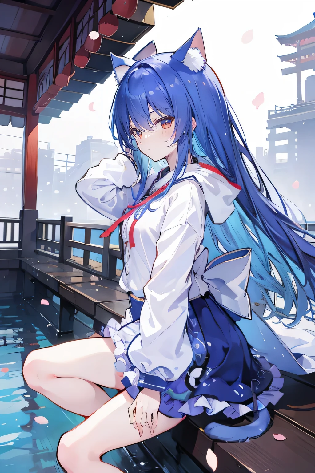 (masterpiece:1.2),Super detailed,lifelike,Expressive eyes,fair skin,perfect face shape,1 girl,
Japanese comics,Gorgeous blue hair,flowing blue hair,flowing clothes,Cat ears,Petals fall,beautiful lola,Baby Angel,
Shaking head with one hand,Cross your legs,Gentle and peaceful background,The pavilion is cool and comfortable,smile, wearing hoodie, background of tokyo,back views,snowing, winter,lie on the water.