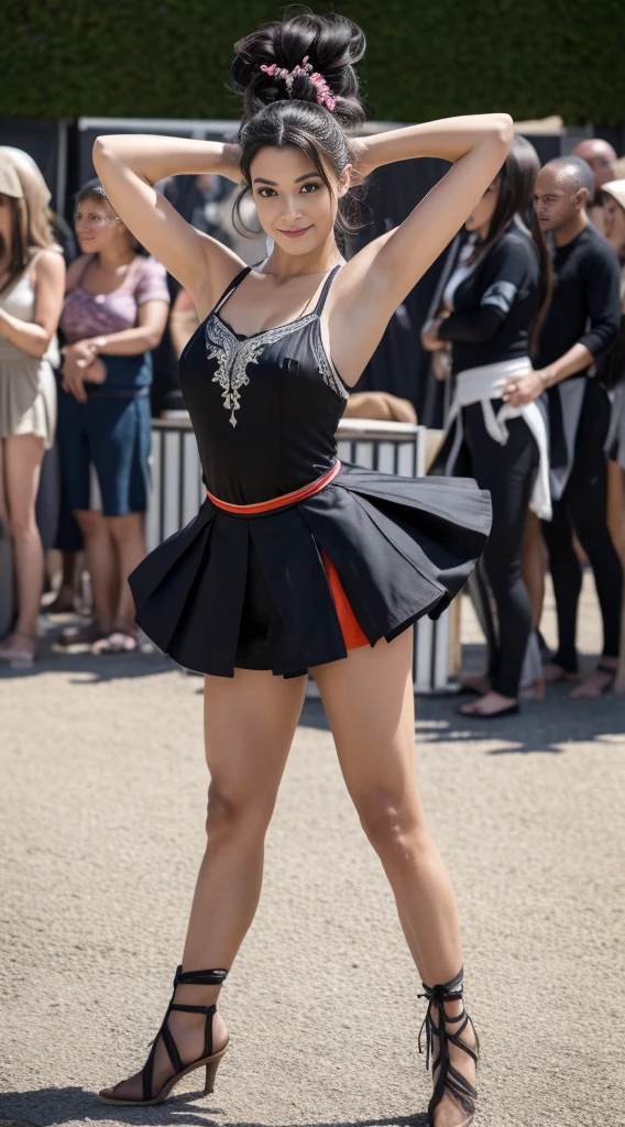 Modèle de danseuse de jazz à talons hauts, métisse sino-japonaise,vêtements noirs,shorts noirs,Talons extra-hauts noirs,Bottes longues noires à talons hauts,Super Beau,ajuster,Abdos minces,cheveux longs,grande taille,Beau,tir de tout le corps,Clothes are slim-ajusterting,lignes douces,La courbe est évidente,Longues jambes,jambes fines,Porter une queue de cheval haute et longue,tresser,pause dynamique de dance