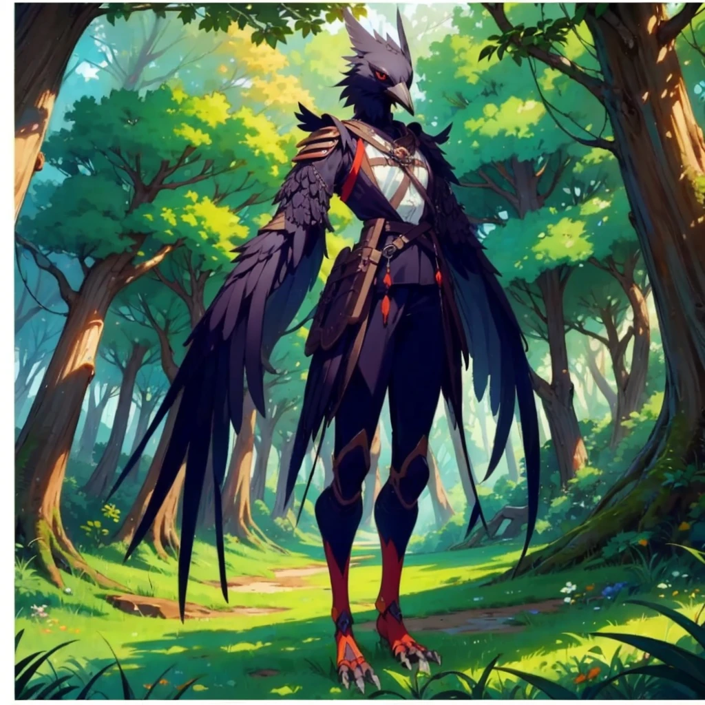 prospect(Anthropomorphic crow、Wearing ancient adventurer gear、The arms and hands are integrated with the bird's wings, and there are no bird wings on the back. Only the arms and hands have bird wings.、The feet are claws)、With background (Dense forest)