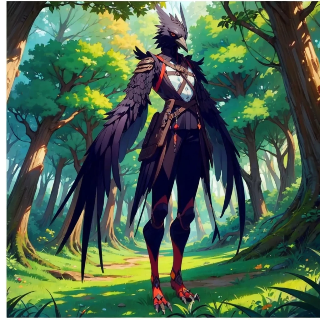 prospect(Anthropomorphic crow、Wearing ancient adventurer gear、The arms and hands are integrated with the bird&#39;s wings, and there are no bird wings on the back. Only the arms and hands have bird wings.、The feet are claws)、With background (Dense forest)