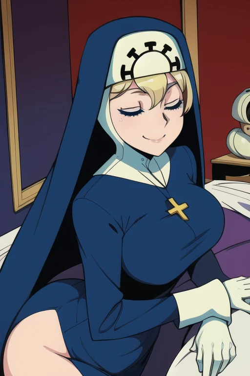 Double, short blonde hair, medium breasts, solo, smiling, cowboy shot, closed eyes,
blue habit, cross necklace ,white gloves, long sleeves, nun,
(insanely detailed, beautiful detailed face,beautiful detailed eyes, masterpiece, best quality) room, bedroom, sitting, butt