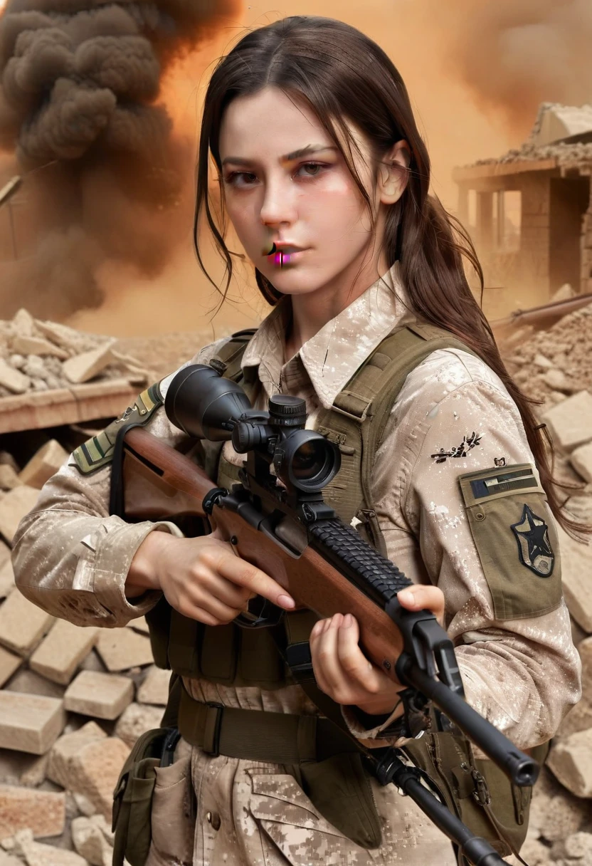 photorealistic、Realistic skin textures、A photo of Dasha Taran, ohwx woman,A beautiful detailed figure of Dasha Taran belonging to the American military is aiming with a sniper rifle.、standing、On the rubble、brown dust smoke、Action poses with movement、Image from front top