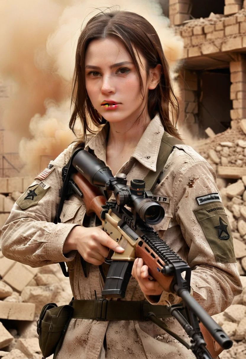 photorealistic、Realistic skin textures、A photo of Dasha Taran, ohwx woman,A beautiful detailed figure of Dasha Taran belonging to the American military is aiming with a sniper rifle.、standing、On the rubble、brown dust smoke、Action poses with movement、Image from front top