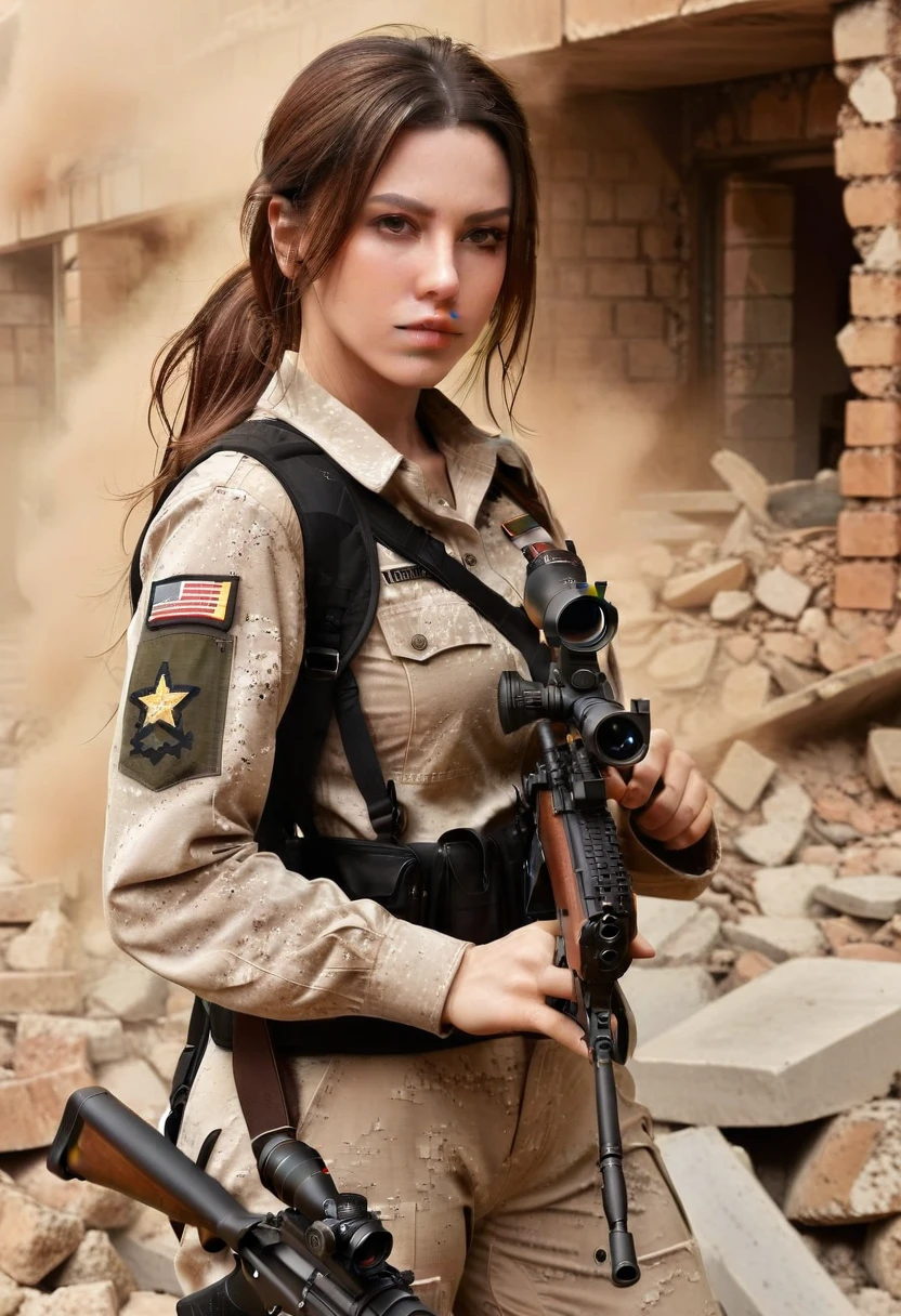 photorealistic、Realistic skin textures、A photo of Dasha Taran, ohwx woman,A beautiful detailed figure of Dasha Taran belonging to the American military is aiming with a sniper rifle.、standing、On the rubble、brown dust smoke、Action poses with movement、Image from front top