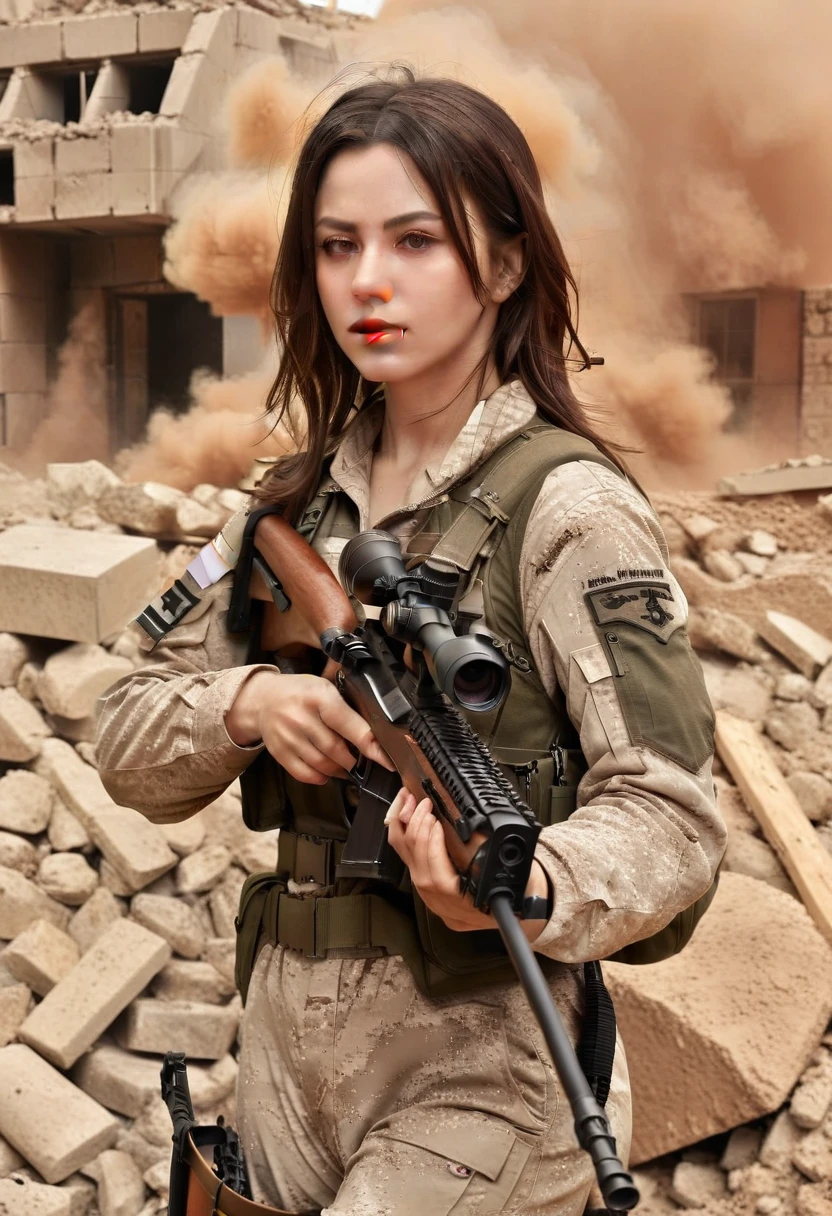 photorealistic、Realistic skin textures、A photo of Dasha Taran, ohwx woman,A beautiful detailed figure of Dasha Taran belonging to the American military is aiming with a sniper rifle.、standing、On the rubble、brown dust smoke、Action poses with movement、Image from front top