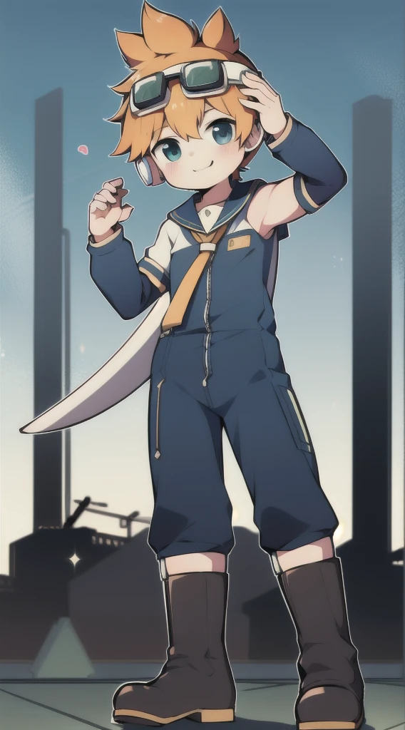 2D Shonen Shota，Dark green climbing jumpsuit，Slim, healthy body，Put the headphones on your head，stand up，goggles，Rabbit ears，Happy，Sailor collar，boots，charming，Akimbo