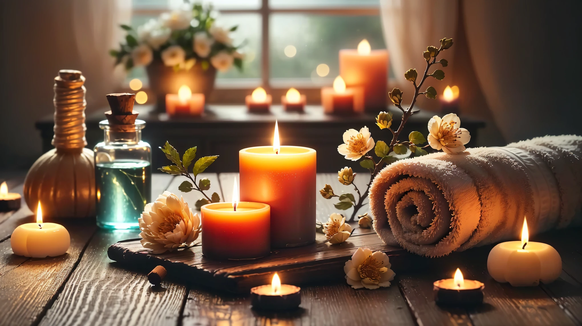 Candles and towels are arranged on a table with bottles and flowers, 心地よいCandlesライト, lit with Candles, lit Candles, room full of Candles, Beautifully illuminated, Relaxed atmosphere, 自然なCandles照明, Candles, glowing Candles, Warm and fun atmosphere, Beautiful atmosphere, Warm and beautiful scenery, Romantic atmosphere, Candlesライト, Candles in foreground, Shutterstock, Cozy atmosphere, Soft glow