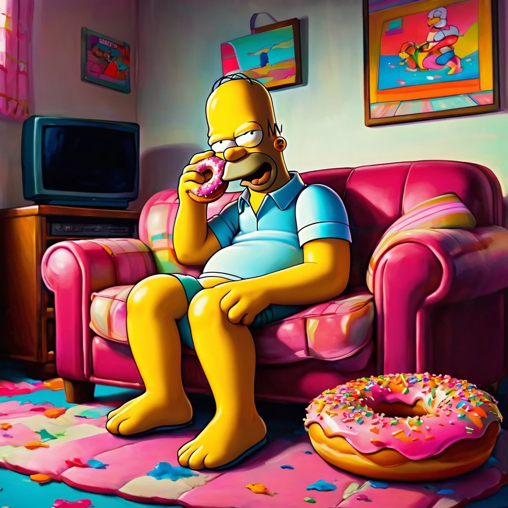 Homer Simpson: Sitting on the couch eating a donut, with the TV turned on to the American football channel and a satisfied smile on his face. Vibrant colors and thick strokes.