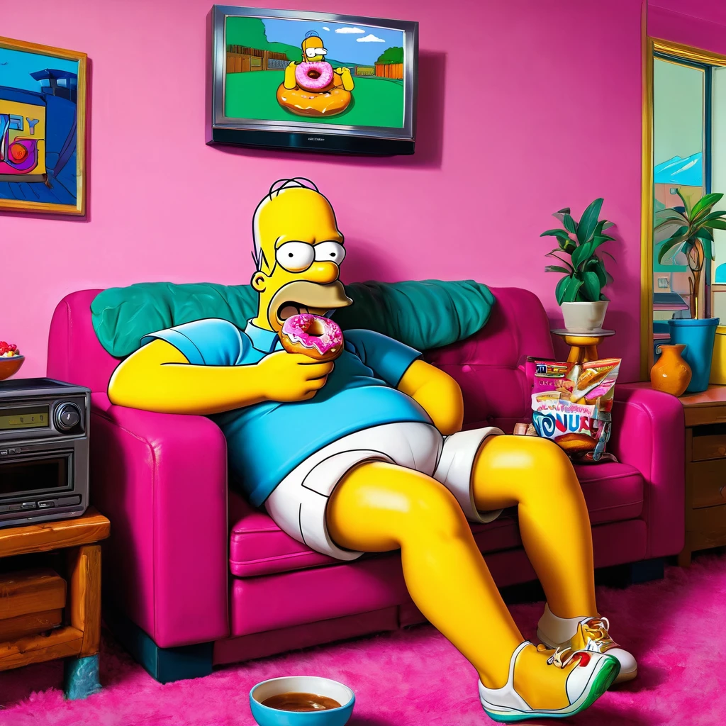 Homer Simpson: Sitting on the couch eating a donut, with the TV turned on to the American football channel and a satisfied smile on his face. Vibrant colors and thick strokes.