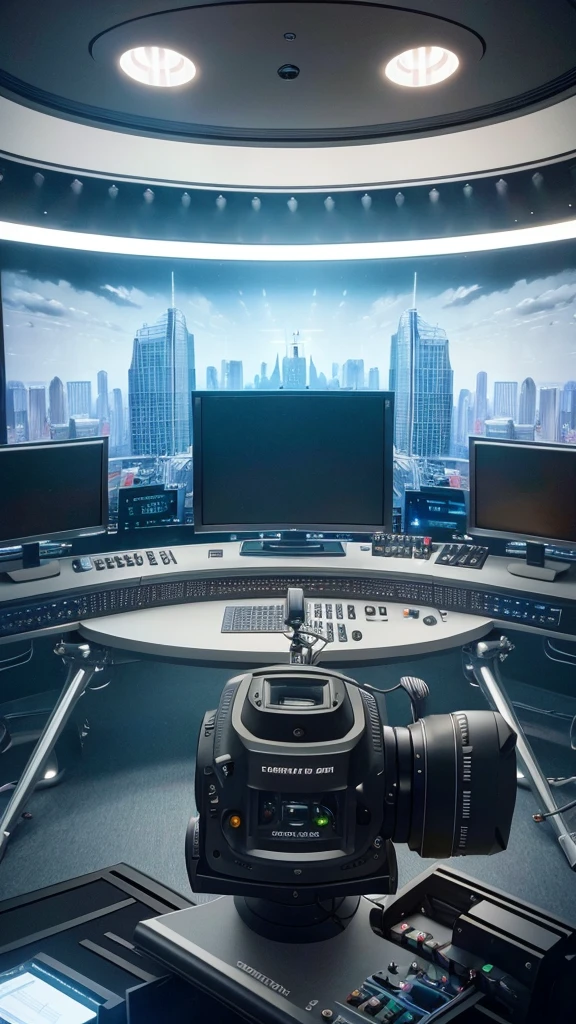 a news broadcasting studio room, a backdrop to a modern wide screen, interior of a news studio, camera equipment, news anchor desk, large led screen, studio lighting, high-tech technology, sleek minimalistic design, cinematic lighting, professional broadcast equipment, sophisticated studio setup, clean and polished studio environment, cinematic camera angles, dynamic camera movement, dramatic lighting effects, high-quality 3D rendering, photorealistic textures, ultra-detailed and hyper-realistic, 8k resolution, best quality, masterpiece