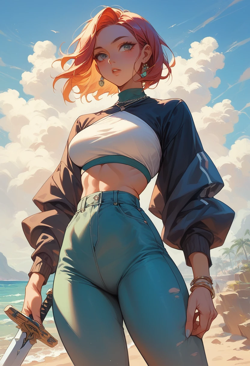 8K、Very detailed、Wear resort wear fashion、Draw your sword、Seaside、Female Android