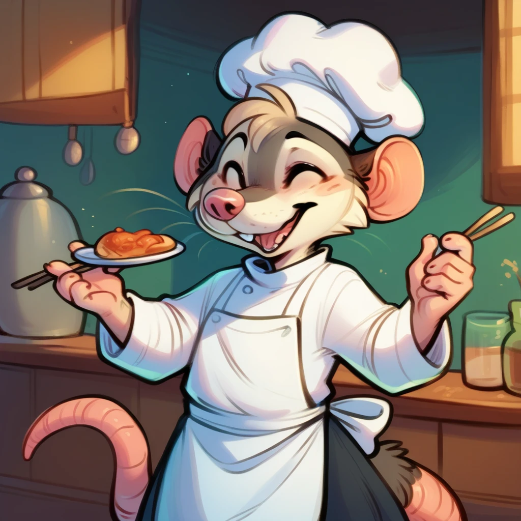 Rat chef, semi-anthropomorphic, holding a fork in his left hand and chopsticks in his right hand, crossed over his chest, happy and laughing expression, detailed facial features, chef hat, apron, detailed clothing, complex textures, high quality, realistic, 8K, masterpiece, cinematic lighting, warm tones