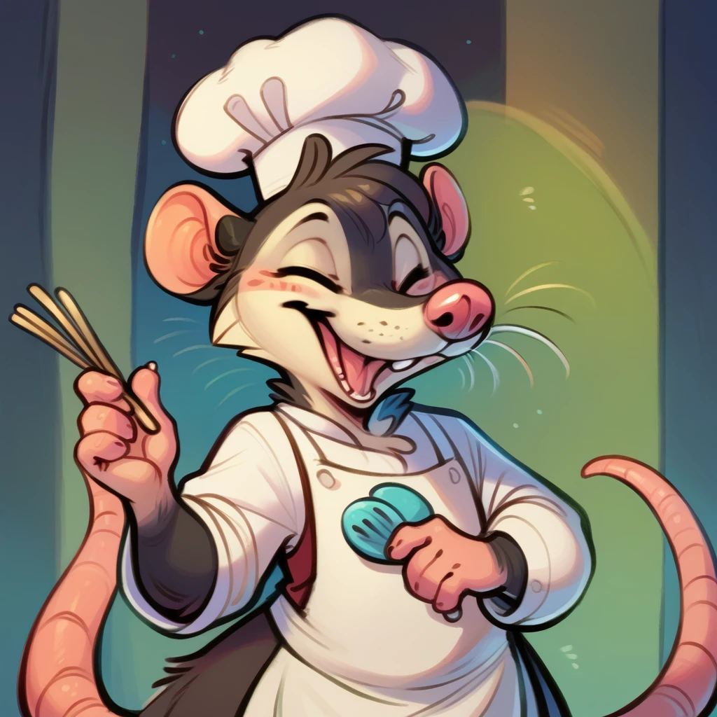Rat chef, semi-anthropomorphic, holding a fork in his left hand and chopsticks in his right hand, crossed over his chest, happy and laughing expression, detailed facial features, chef hat, apron, detailed clothing, complex textures, high quality, realistic, 8K, masterpiece, cinematic lighting, warm tones