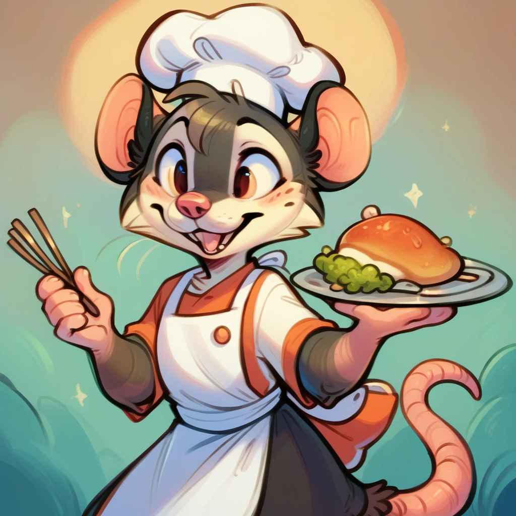 Rat chef, semi-anthropomorphic, holding a fork in his left hand and chopsticks in his right hand, crossed over his chest, happy and laughing expression, detailed facial features, chef hat, apron, detailed clothing, complex textures, high quality, realistic, 8K, masterpiece, cinematic lighting, warm tones