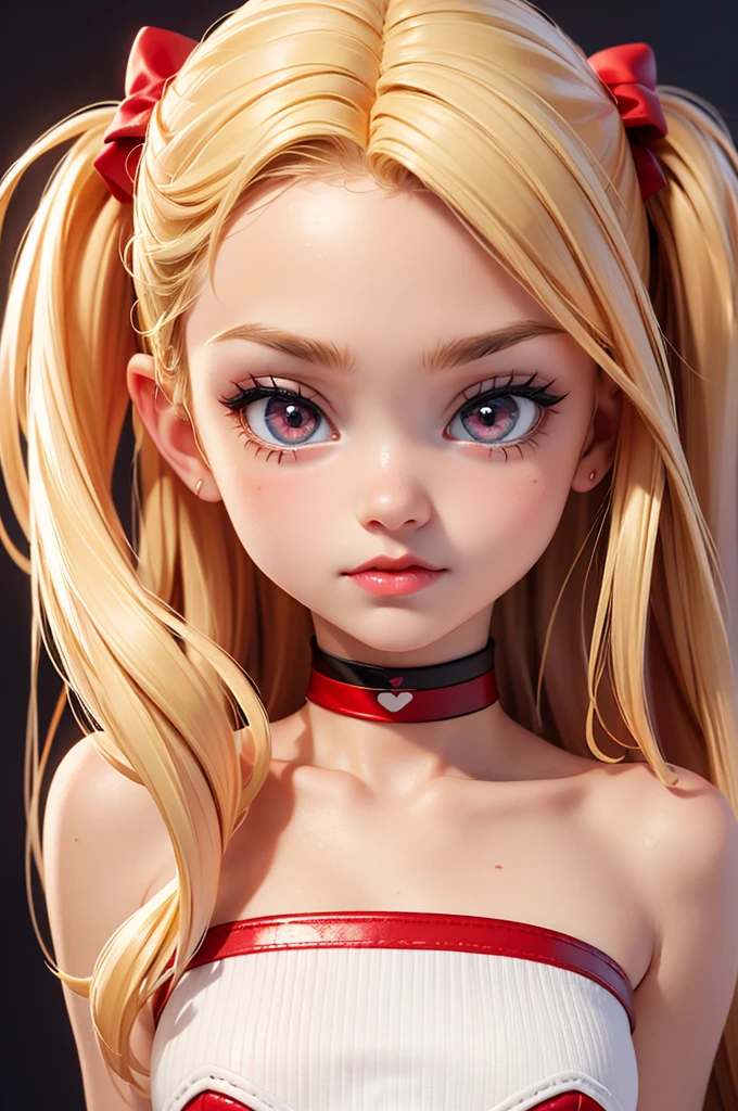 hyperrealistic american teen, blondittle, perfect tiny body, sexy, dark makeup, small choker, perfect slim face, big red lips, very cute face, tiny body, big eyes, young looking, childish looking, red sexy cheerleader outfit