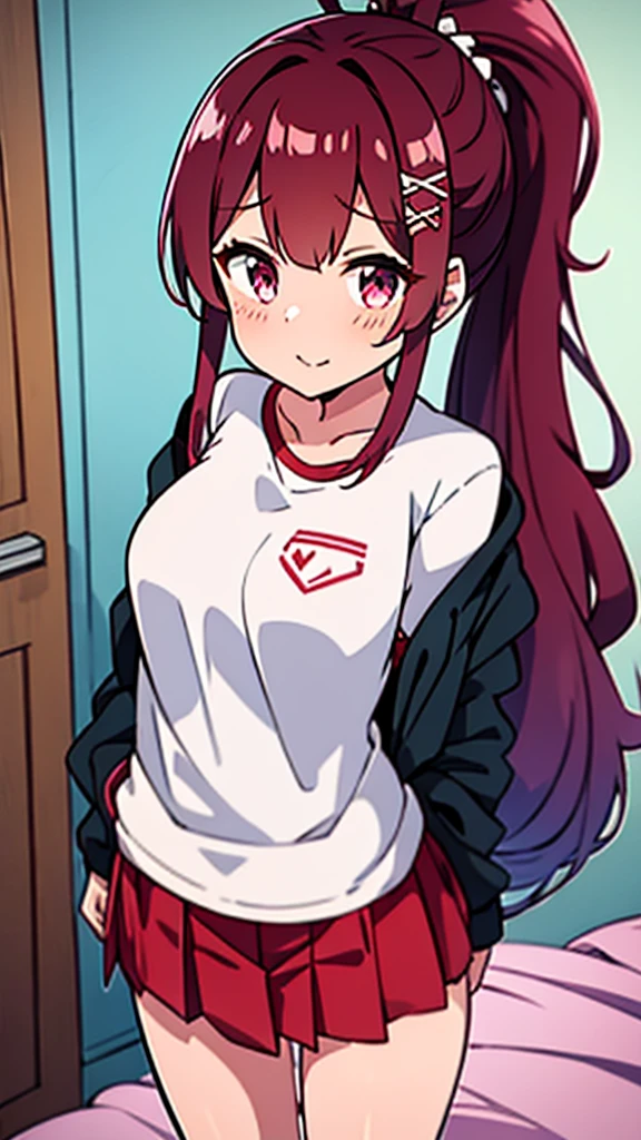 high tail hairstyle, Ponytail hairstyle, Long wavy black hair, standing posing, anime girl style, pixel art anime style,penetrating look with deep eyes,red and purple eyes, hair with a ponytail hairstyle trapped with a big red bun, Women, red hair clips, x color shaped hair clips , short white shirt, smooth receptionist miniskirt, smiling face blush, standing in his bedroom, next to his bed, receptionist clothes, lifting her skirt, grabbing her skirt with her hands to lift it up, letting her look at her underwear.