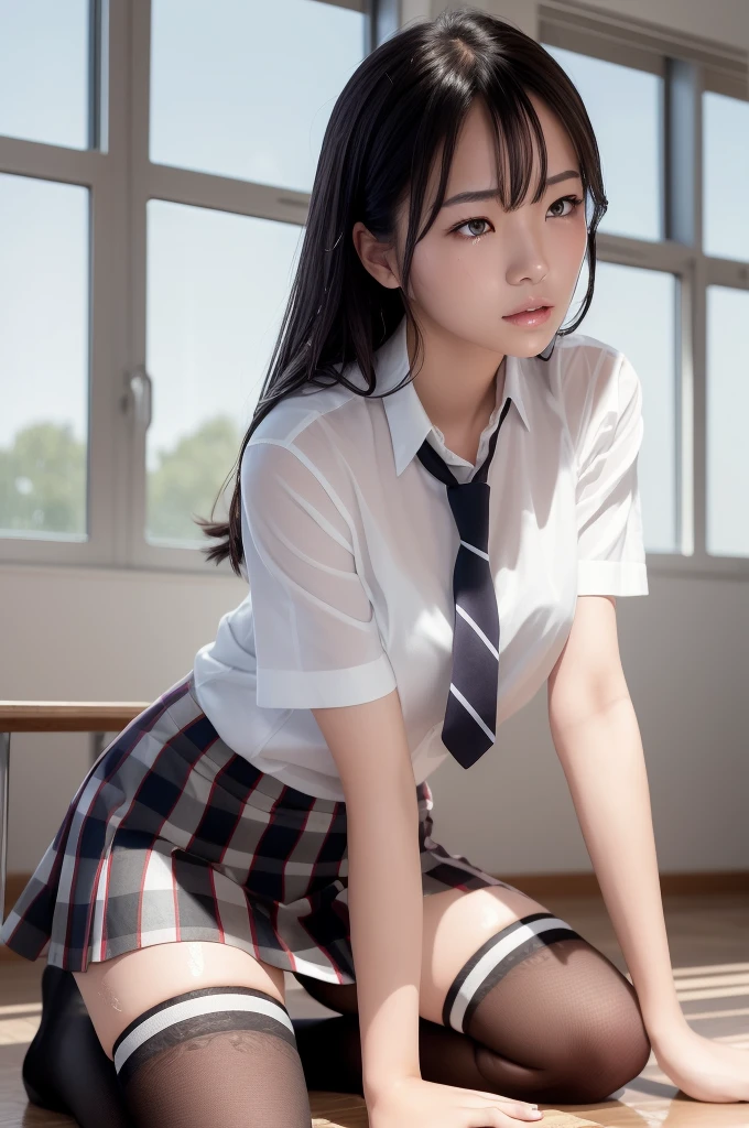 (masterpiece, best quality:1.2), a hyperrealistic , solo, 1girl, yukinoshita yukino, (shiny skin, wet skin:1.2), sweating, slight smile, looking at viewer, on all fours, , white shirt, plaid skirt, thighhighs, afternoon, classroom hyperrealistic