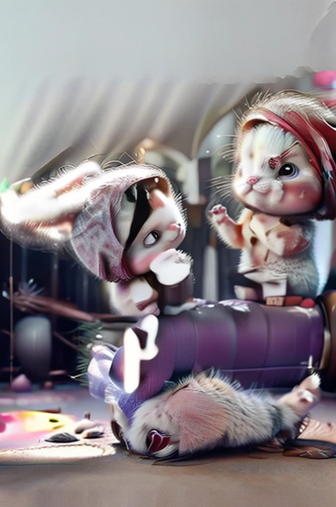 Create a photorealistic image of a cute kitten lifting a barbell in a gym setting. The kitten should look determined and strong, gripping the barbell with its tiny paws. The gym background should include typical gym equipment, emphasizing the kitten's effort in lifting the weights.