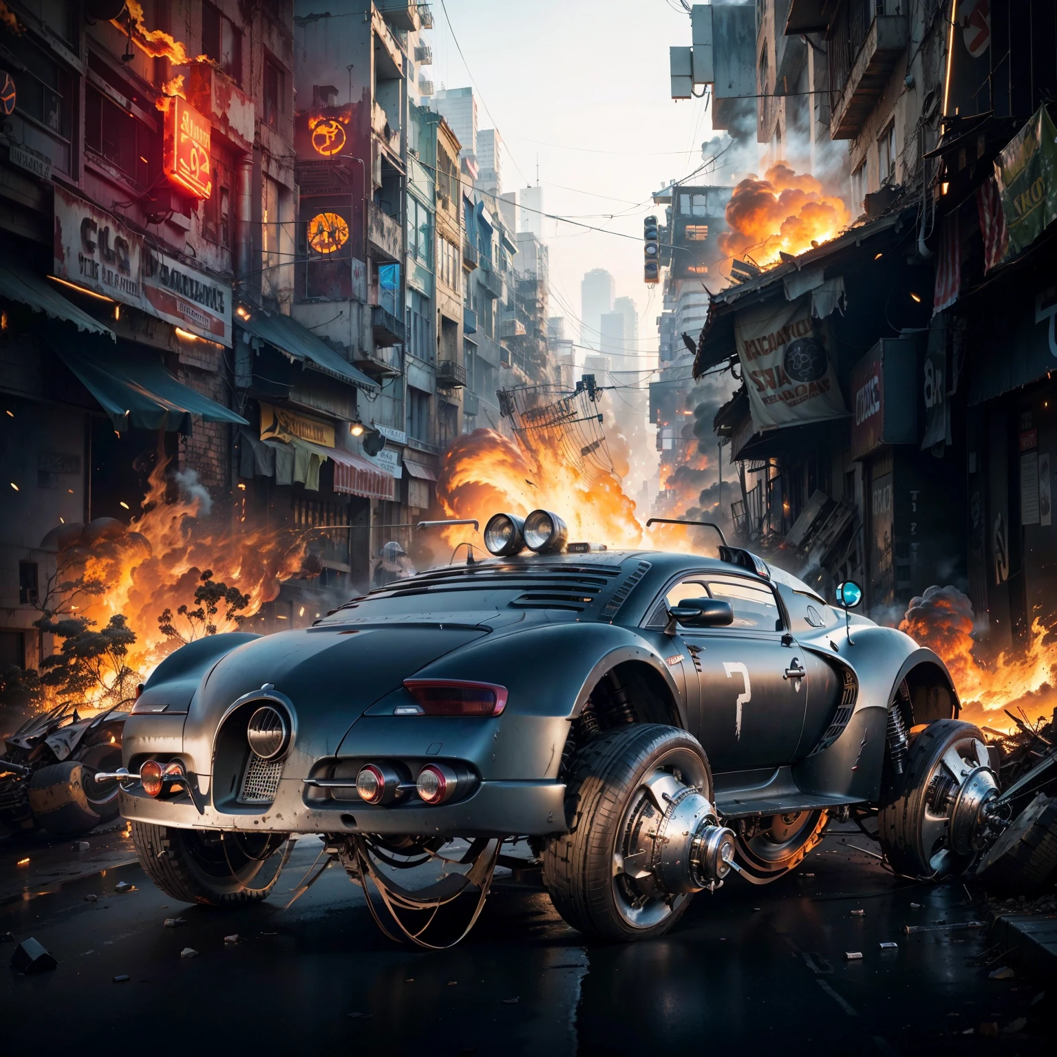 A brilliant Black warrior Hot Rod car in the streets in the background is a sci fi abandoned city with a lot of buildings fire burning lights in the pos apocalypitic street