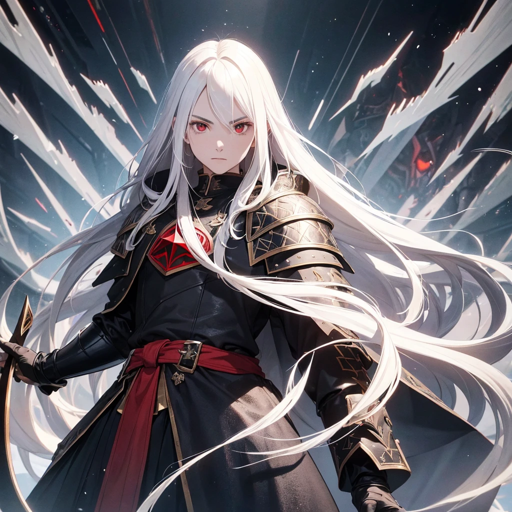 young man with long hair,white hair,red eyes,(oval face) Cold person (Triangular shaped head)Wearing black knight armor all over.,Ride the black dragon (The backdrop is a medieval European style city.