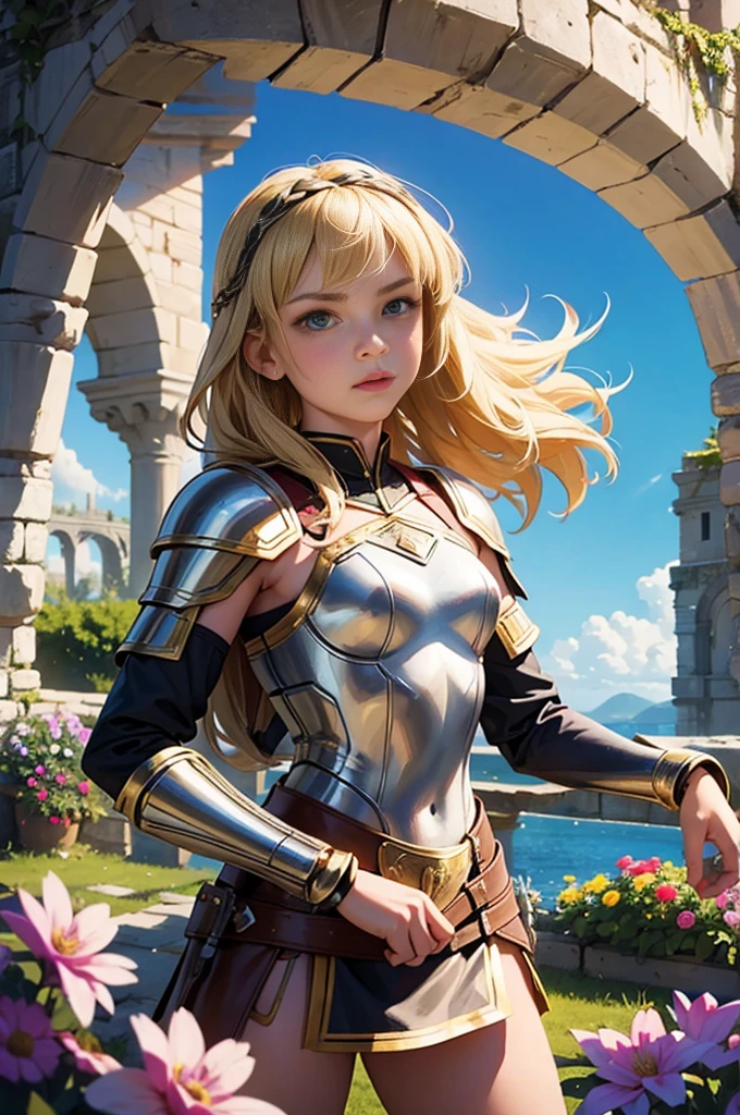 teen girl, roman warrior, princess blade , 14 years old, teenager girl,, small breasts, mini cropped, valkyrian princess ,blonde, detailed face, beautiful, confiant, background in uk land with flowers
