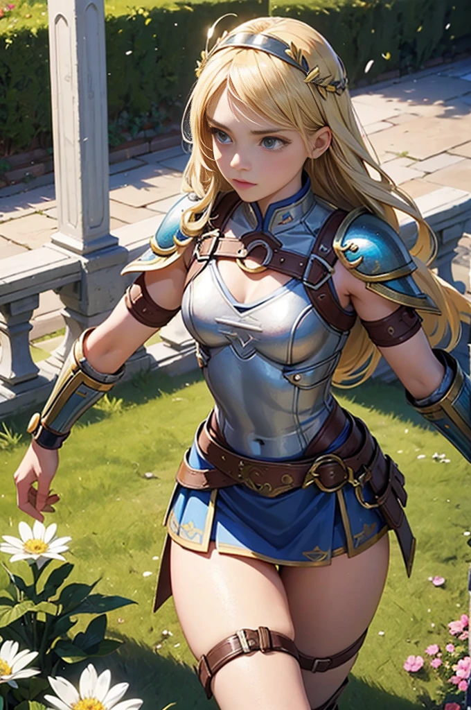 teen girl, roman warrior, princess blade , 14 years old, teenager girl,, small breasts, mini cropped, valkyrian princess ,blonde, detailed face, beautiful, confiant, background in uk land with flowers