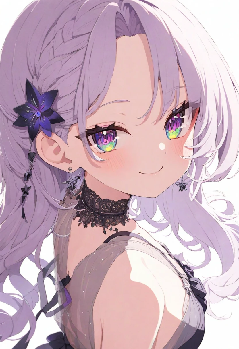 (muste piece), (best quality), very detailed eyes, expressive eyes, perfect face, very detailed face, highly detailed face, beautiful girl, 8K, beautiful girl, white background, delicate and beautiful face and eyes, dark intense shadow,
1 girl, vtuber style, cool girl, hololive, Murasaki Shion, see-through:evening dress, small chest, cropped shoulders, clavicle from behind, looking back, smile, (whole body), standing,