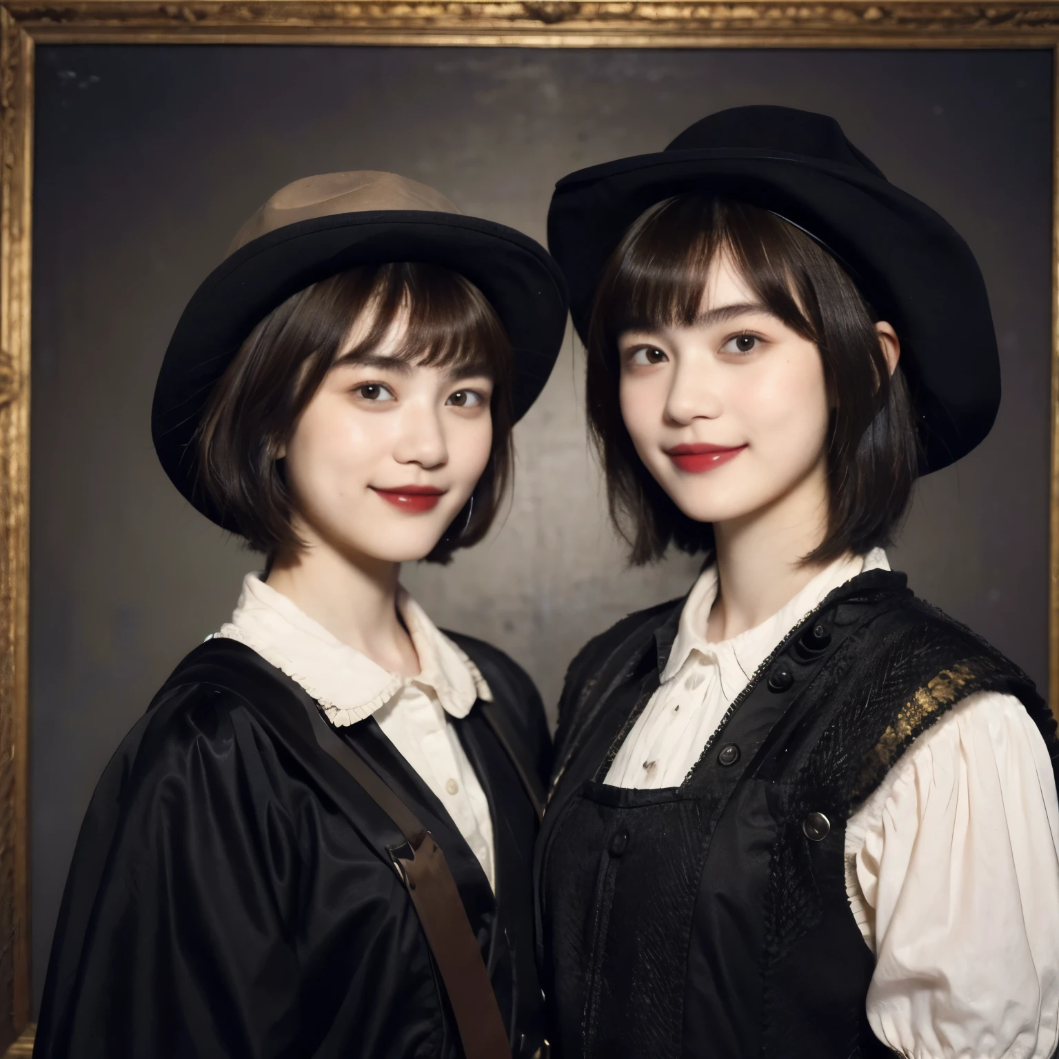 252 (An 18-year-old female and an 18-year-old male), (short hair),kind, lipstick, (Rembrandt-style painting), smile